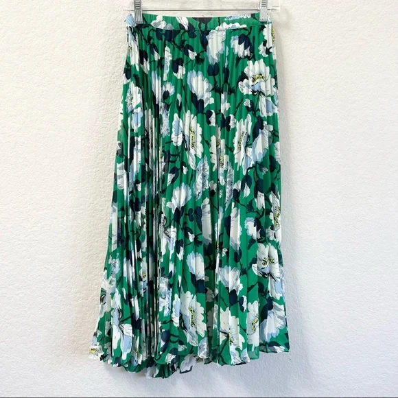 Anthropologie Maeve Claremont Pull On Pleated Midi Skirt Green Floral Size Small - Picture 3 of 6